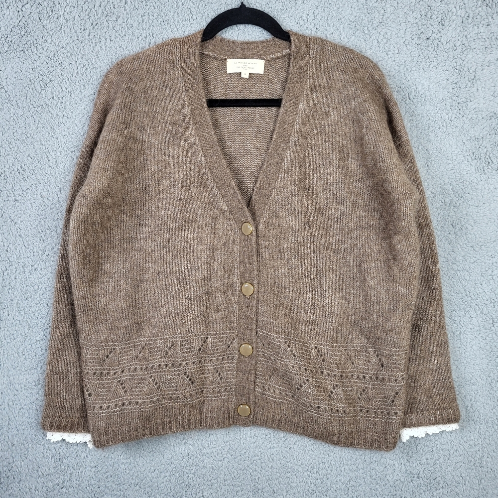 Sezane Charles Jumper Cardigan lace cuffs Sweater Brown Size S - Picture 3 of 13